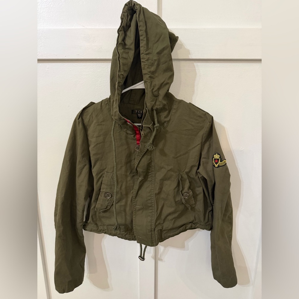 Green Hooded crop Jacket with Patch